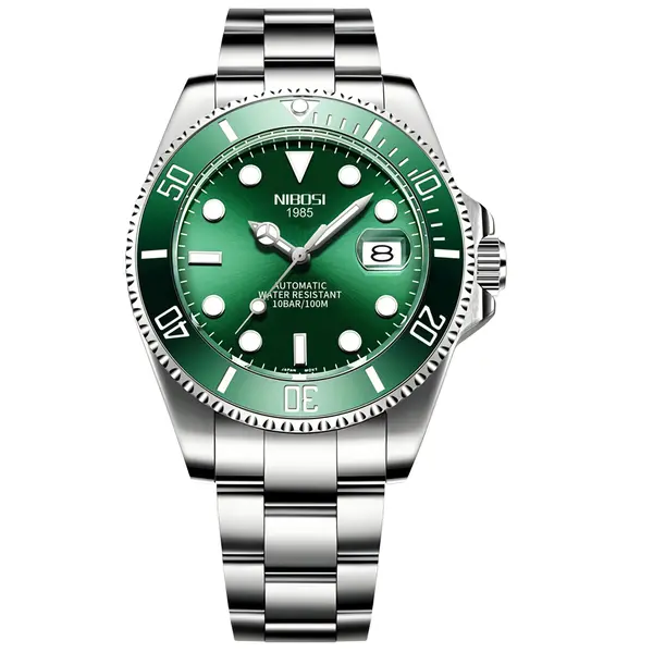 Nibosi 2597 High Quality Stainless Steel Belt Calendar Men's Watch – Dial Color: Green, Strap Color: Silver – View 1