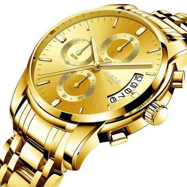 Nibosi 2353 High Quality Stainless Steel Analogue Men's Watch  – Dial Color: Gold, Strap Color: Gold  – View 2