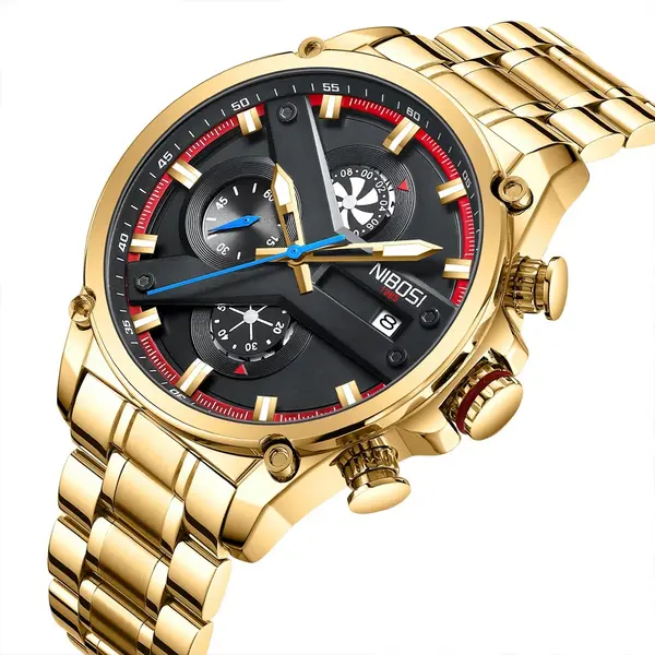 Nibosi 2513 High-Quality Stainless Steel Chronograph Men's Watch – Dial Color: Black, Strap Color: Gold – View 2