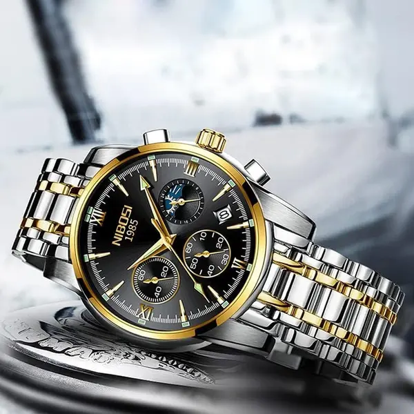 Nibosi 2516 High Quality Stainless Steel Luminous Men's Watch – Dial Color: Black Gold, Strap Color: Silver – View 3