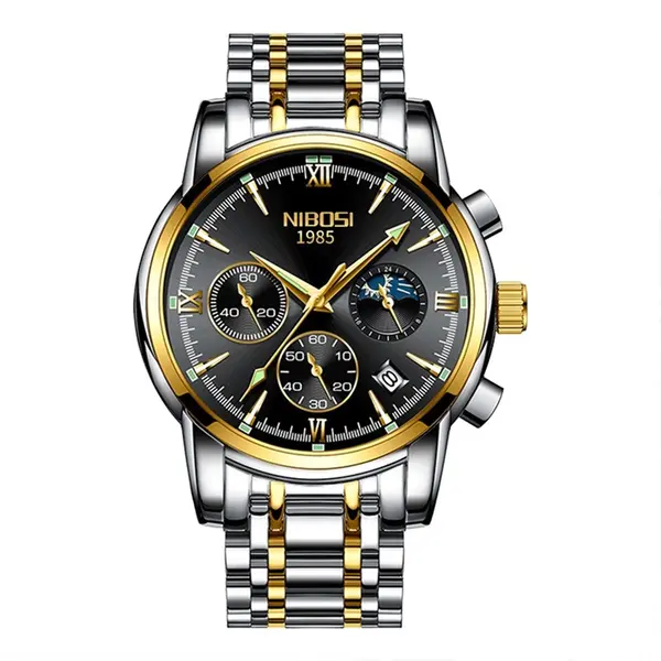 Nibosi 2516 High Quality Stainless Steel Luminous Men's Watch – Dial Color: Black Gold, Strap Color: Silver – View 1