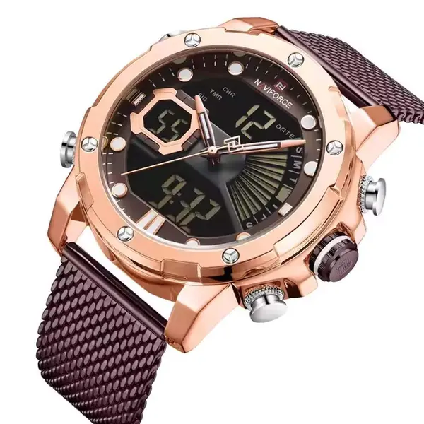Naviforce NF9172 Stainless Steel Dual Movement Fashion and Casual Men's Watch – Dial Color: Rose Gold, Strap Color: Maroon – View 2