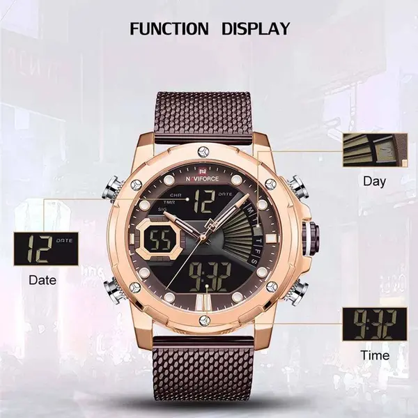 Naviforce NF9172 Stainless Steel Dual Movement Fashion and Casual Men's Watch – Dial Color: Rose Gold, Strap Color: Maroon – View 3