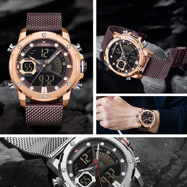Naviforce NF9172 Stainless Steel Dual Movement Fashion and Casual Men's Watch – Dial Color: Rose Gold, Strap Color: Maroon – View 4