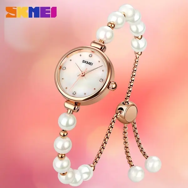 Skmei 1983 Bracelet Diamond Small Fashion Thin Waterproof Analog Watch – Dial Color: Brown, Strap Color: White – View 2
