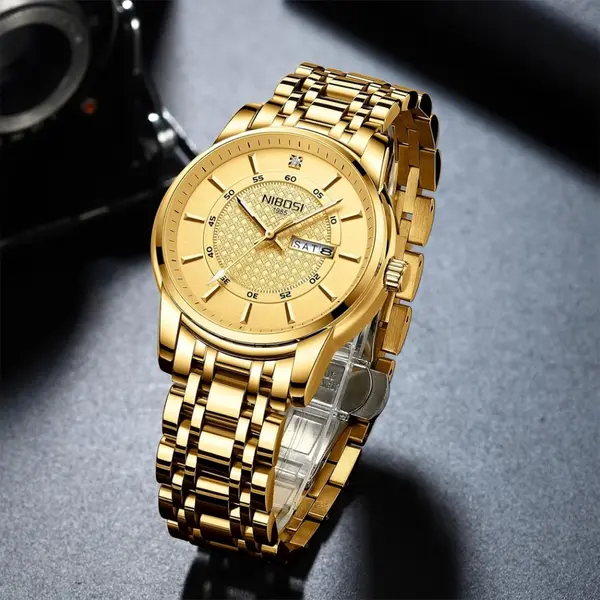 Nibosi 2381 Luxury Stainless Steel Analog Men's Watch – Dial Color: Gold, Strap Color: Gold  – View 2