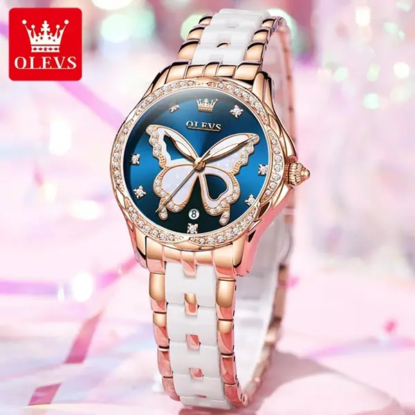OLEVS 5610 Beauty Dial Luminous Steel Ceramic Bracelet Women Watch – Dial Color: Blue, Strap Color: White – View 3