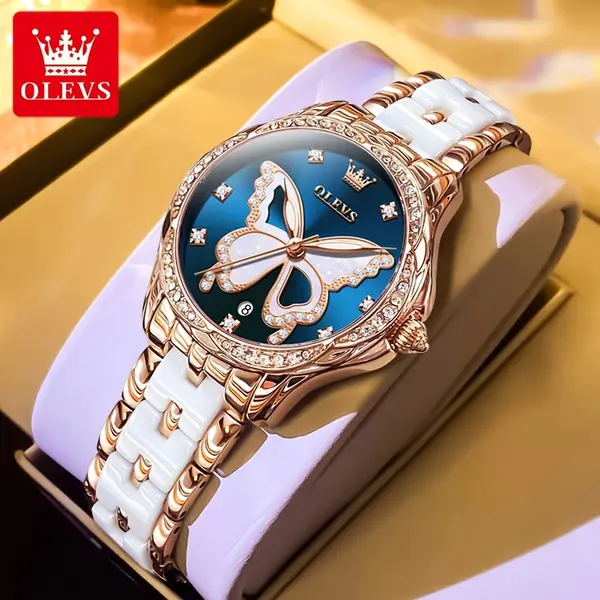 OLEVS 5610 Beauty Dial Luminous Steel Ceramic Bracelet Women Watch – Dial Color: Blue, Strap Color: White – View 2