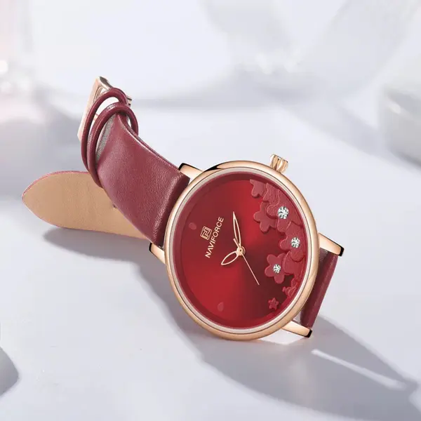 NAVIFORCE NF5012 PU Leather Analog Watch For Women – Dial Color: Red, Strap Color: Red – View 3