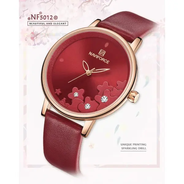 NAVIFORCE NF5012 PU Leather Analog Watch For Women – Dial Color: Red, Strap Color: Red – View 2