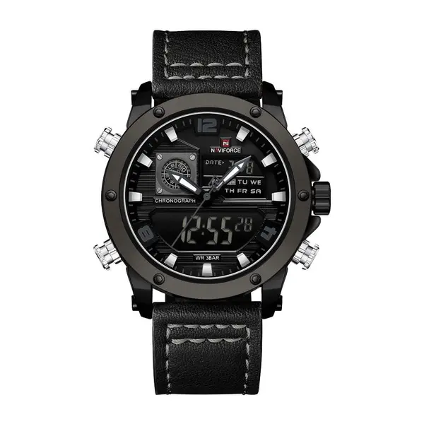Naviforce NF9236 Military Style Comfortable Leather Strap Dual Movement Sports Men’s Watch – Dial Color: Grey, Strap Color: Black – View 1