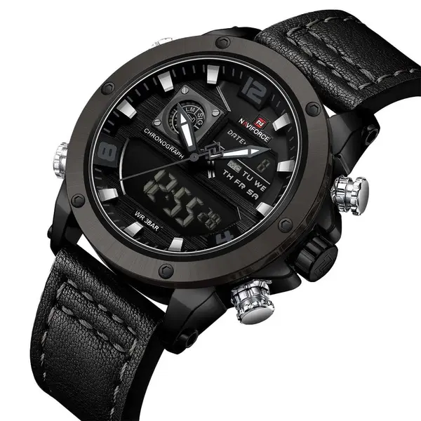 Naviforce NF9236 Military Style Comfortable Leather Strap Dual Movement Sports Men’s Watch – Dial Color: Grey, Strap Color: Black – View 3