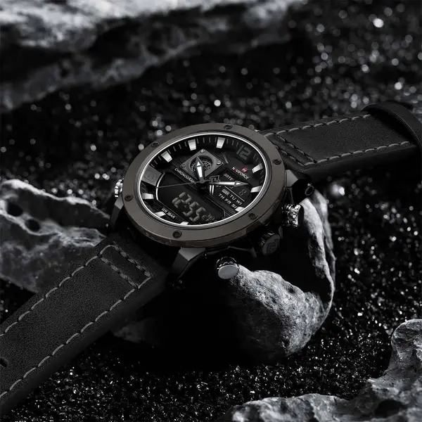 Naviforce NF9236 Military Style Comfortable Leather Strap Dual Movement Sports Men’s Watch – Dial Color: Grey, Strap Color: Black – View 4