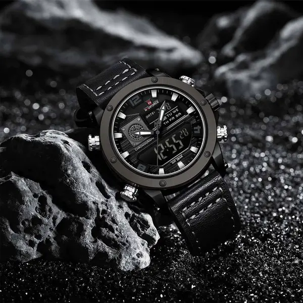 Naviforce NF9236 Military Style Comfortable Leather Strap Dual Movement Sports Men’s Watch – Dial Color: Grey, Strap Color: Black – View 5