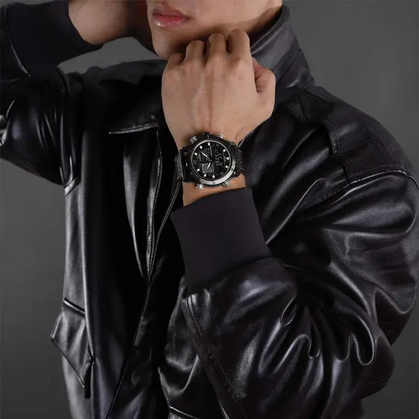 Naviforce NF9236 Military Style Comfortable Leather Strap Dual Movement Sports Men’s Watch – Dial Color: Grey, Strap Color: Black – View 6