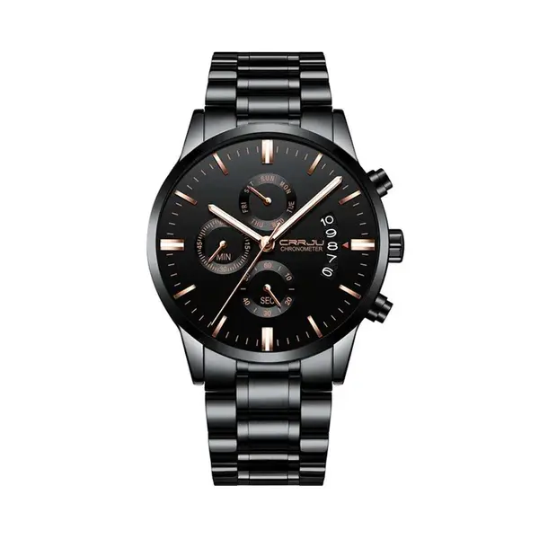 CRRJU 2222 High Quality Stainless Steel Multifunctional Analog Quartz Classic Men's Watch – Dial Color: Black, Strap Color: Silver – View 1