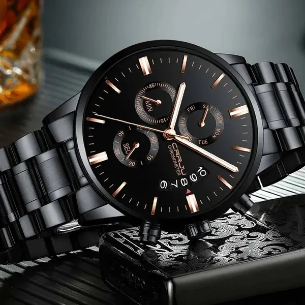 CRRJU 2222 High Quality Stainless Steel Multifunctional Analog Quartz Classic Men's Watch – Dial Color: Black, Strap Color: Silver – View 2