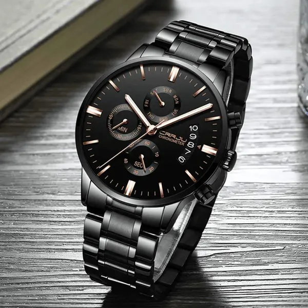 CRRJU 2222 High Quality Stainless Steel Multifunctional Analog Quartz Classic Men's Watch – Dial Color: Black, Strap Color: Silver – View 3