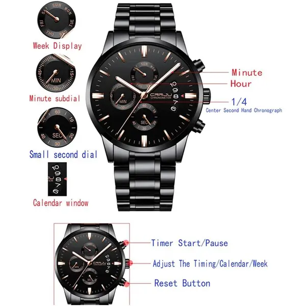 CRRJU 2222 High Quality Stainless Steel Multifunctional Analog Quartz Classic Men's Watch – Dial Color: Black, Strap Color: Silver – View 4