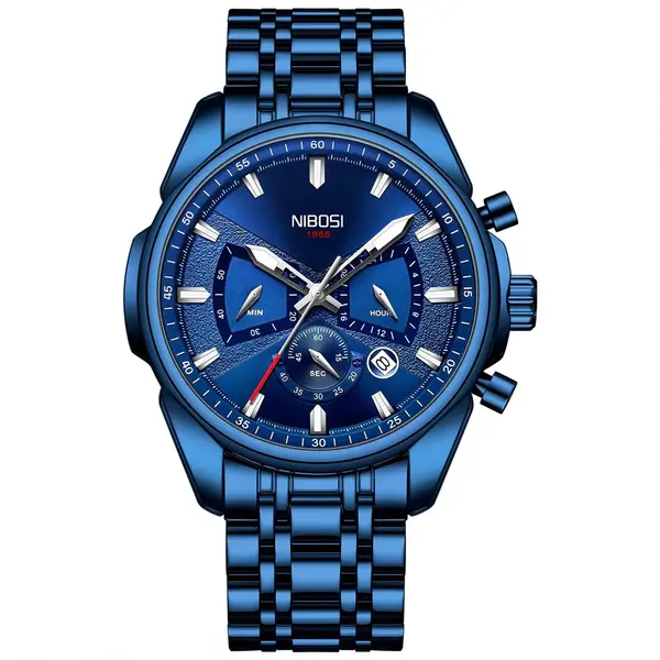 Nibosi 2508 Luxury Stainless Steel Luminous Needles Men's Watch – Dial Color: Blue, Strap Color: Blue – View 1