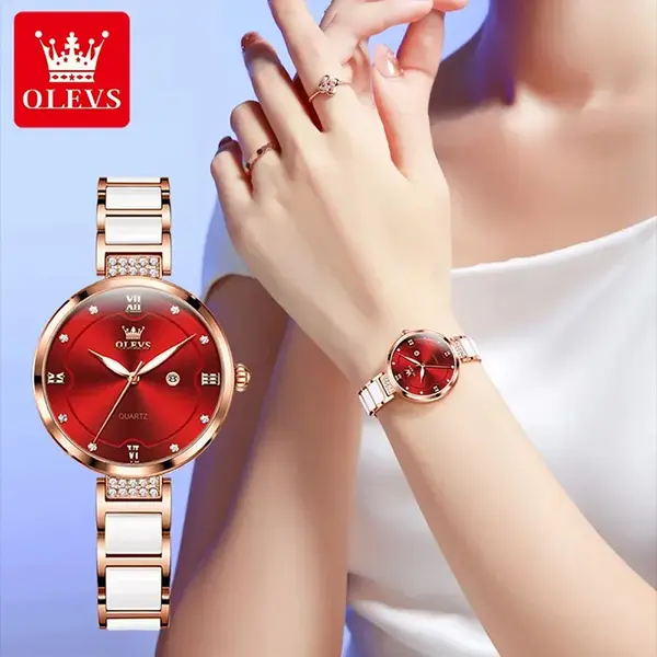 Olevs 5589 Fashion Quartz Round-dial Ceramic Analog Watch for Women – Dial Color: Red, Strap Color: White – View 4