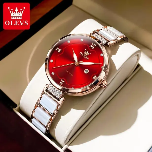 Olevs 5589 Fashion Quartz Round-dial Ceramic Analog Watch for Women – Dial Color: Red, Strap Color: White – View 3