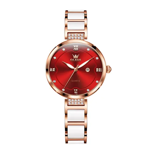 Olevs 5589 Fashion Quartz Round-dial Ceramic Analog Watch for Women – Dial Color: Red, Strap Color: White – View 1