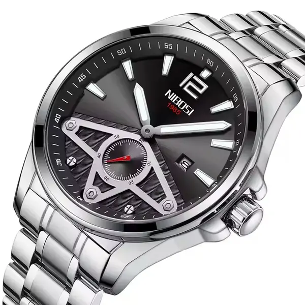 Nibosi 2511 Luxury Stainless Steel Chronograph Analog Men's Watch – Dial Color: Black, Strap Color: Silver – View 2