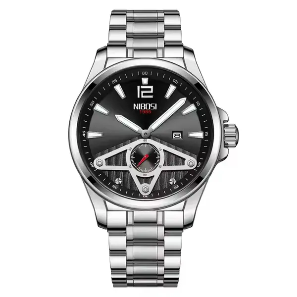 Nibosi 2511 Luxury Stainless Steel Chronograph Analog Men's Watch – Dial Color: Black, Strap Color: Silver – View 1