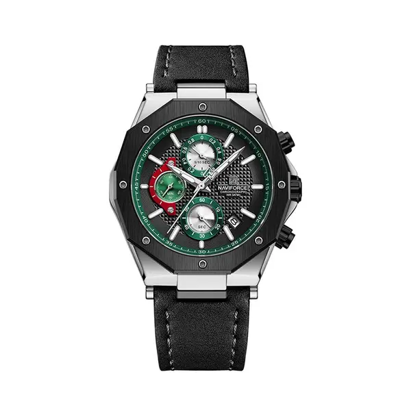 Naviforce NF8028 Luxury Genuine Leather Straps Chronograph Sports Men's Watch – Dial Color: Green, Strap Color: Black – View 1