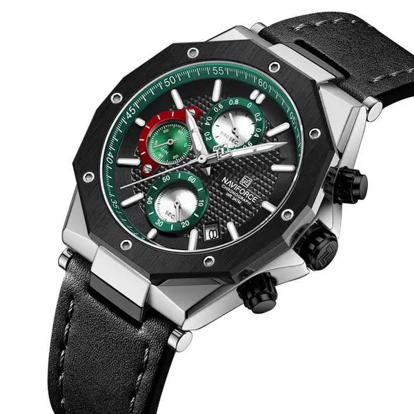 Naviforce NF8028 Luxury Genuine Leather Straps Chronograph Sports Men's Watch – Dial Color: Green, Strap Color: Black – View 2