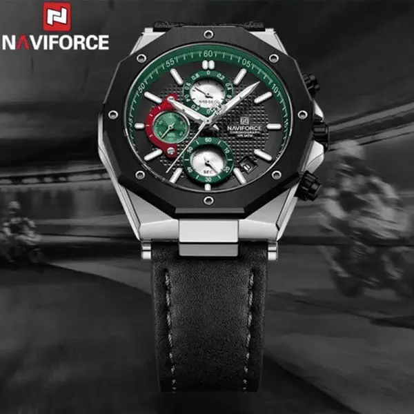 Naviforce NF8028 Luxury Genuine Leather Straps Chronograph Sports Men's Watch – Dial Color: Green, Strap Color: Black – View 3