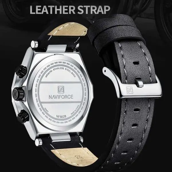 Naviforce NF8028 Luxury Genuine Leather Straps Chronograph Sports Men's Watch – Dial Color: Green, Strap Color: Black – View 5