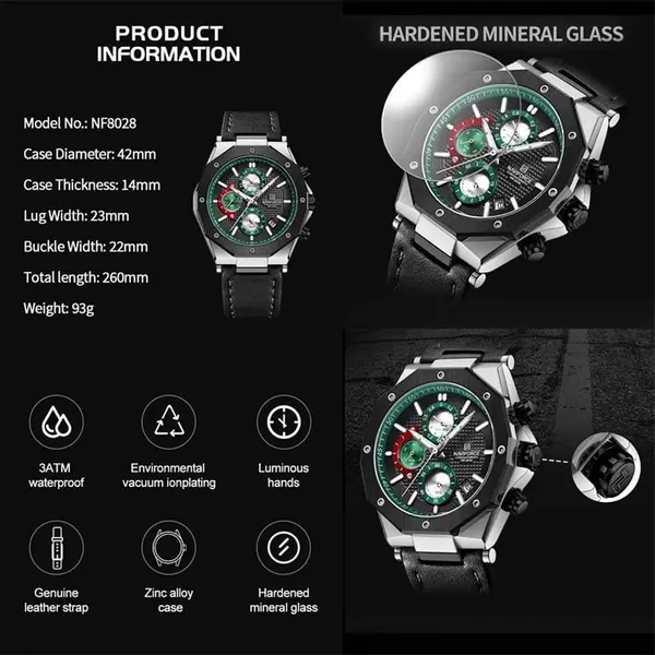 Naviforce NF8028 Luxury Genuine Leather Straps Chronograph Sports Men's Watch – Dial Color: Green, Strap Color: Black – View 7