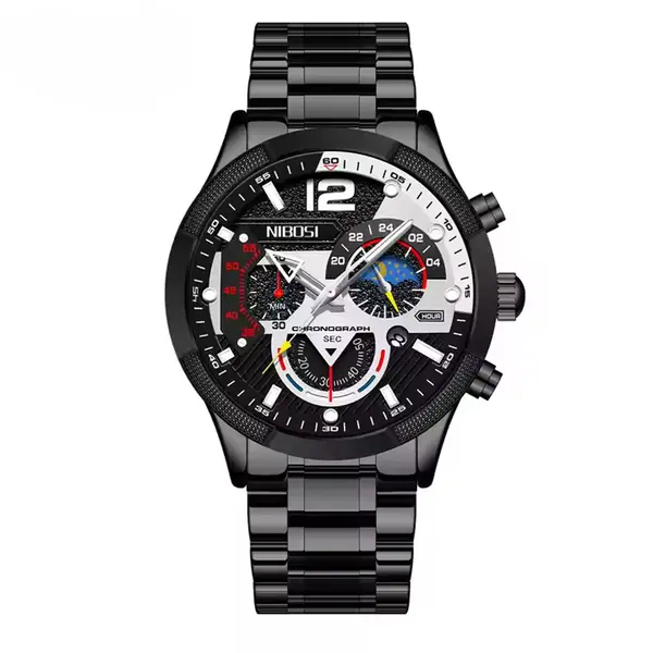 NIBOSI 2397 Luxury Stainless Steel Analog Men's Watch – Dial Color: White, Strap Color: Black – View 1
