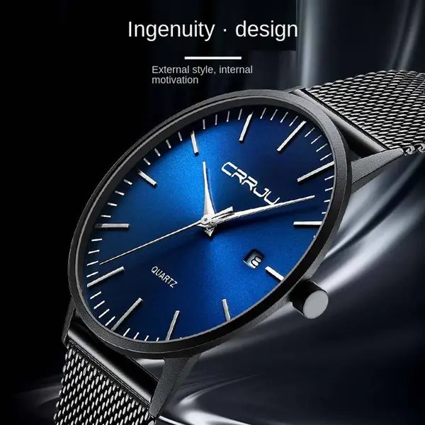 CRRJU 2172 High-Quality Slim Stainless Steel Strap Analog Quartz Formal Men’s Watch – Dial Color: Silver, Strap Color: Blue – View 3