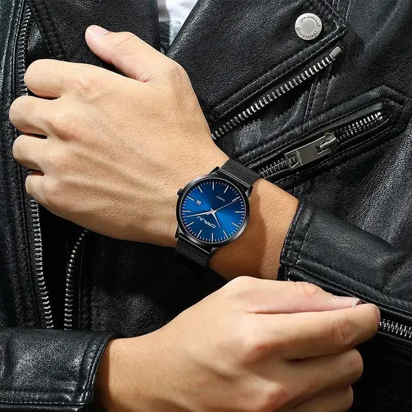 CRRJU 2172 High-Quality Slim Stainless Steel Strap Analog Quartz Formal Men’s Watch – Dial Color: Silver, Strap Color: Blue – View 4