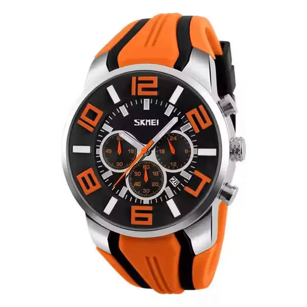 SKMEI 9128 PU Leather Analog Stylish Sporty Men's Watch – Dial Color: Black, Strap Color: Orange – View 1