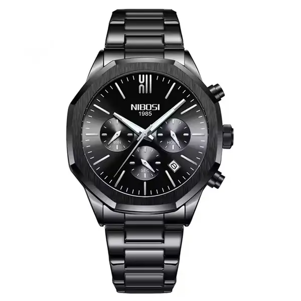 Nibosi 2519 Stainless Steel Quartz Chronograph Fashionable Men's Watch – Dial Color: Black, Strap Color: Black – View 1