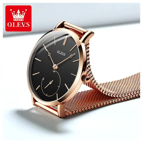 OLEVS 5190 Women Steel Mesh Quartz Luxury Popular Dress Lady Beautiful Watch – Dial Color: Black, Strap Color:  Brown  – View 3