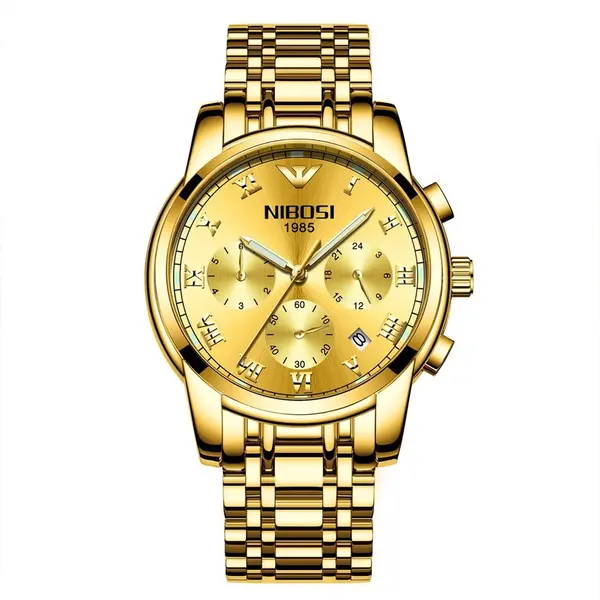 Nibosi 2301 High Quality Stainless Steel Chronograph Men's Watch – Dial Color: Gold, Strap Color: Gold – View 1