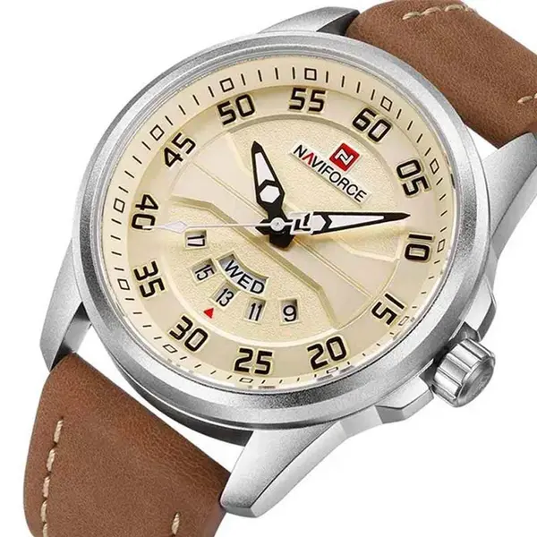 Naviforce NF9124 Luxury Leather Strap Quartz Analog Casual Style Fashion Men's Watch – Dial Color: Silver, Strap Color:  Brown  – View 2