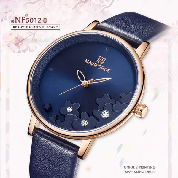 NAVIFORCE NF5012 PU Leather Analog Watch For Women – Dial Color: Blue, Strap Color: Blue – View 2