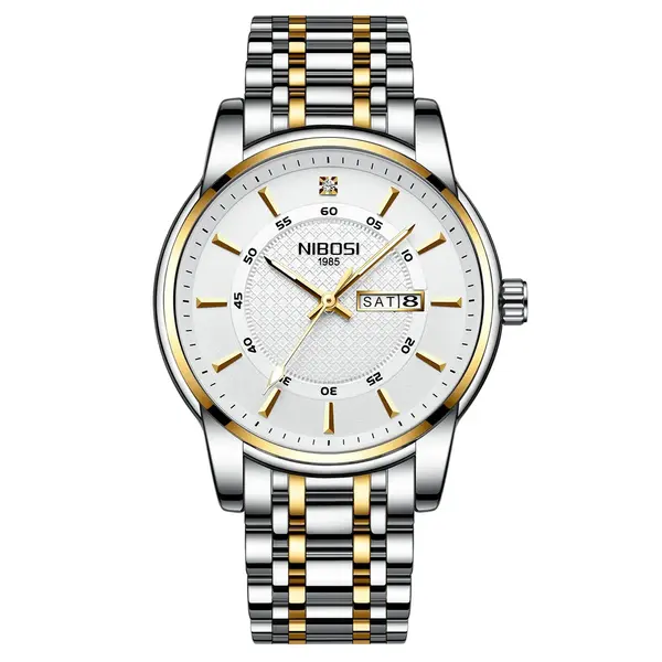Nibosi 2381 Luxury Stainless Steel Analog Men's Watch – Dial Color: White Gold, Strap Color: White – View 1