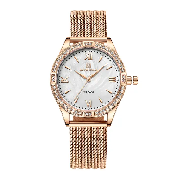 NAVIFORCE NF5028 Elegance casual Diamond Female Quartz Wristwatches – Dial Color: White, Strap Color:  Brown  – View 1