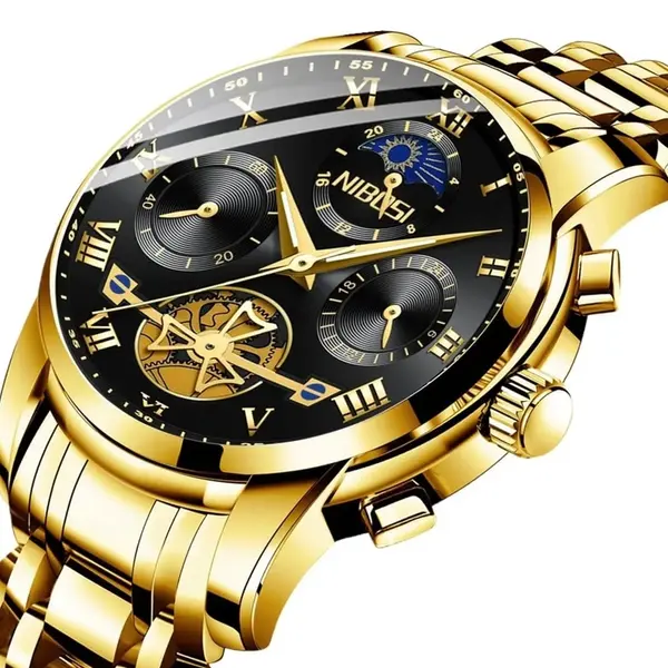 Nibosi 2507  Luxury Stainless Steel Waterproof Men's Watch – Dial Color: Black, Strap Color: Gold – View 2