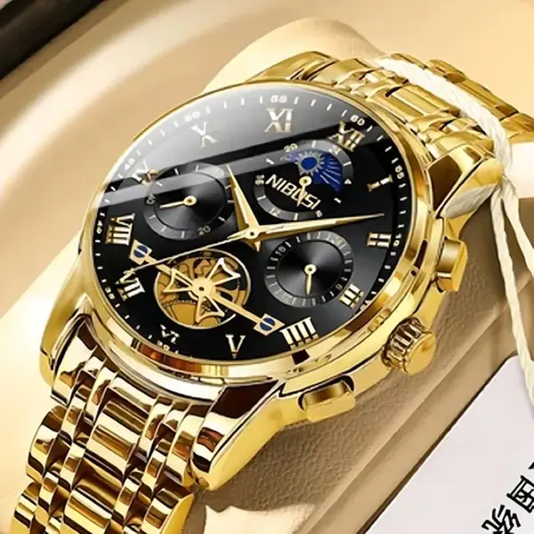 Nibosi 2507  Luxury Stainless Steel Waterproof Men's Watch – Dial Color: Black, Strap Color: Gold – View 3