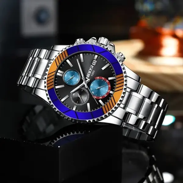 Nibosi 2553 Luxury Stainless Steel & Chronograph Men's Watch – Dial Color: Black, Strap Color: Silver – View 3