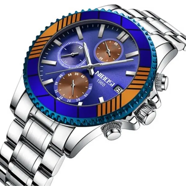 Nibosi 2553 Luxury Stainless Steel & Chronograph Men's Watch – Dial Color: Black, Strap Color: Silver – View 2