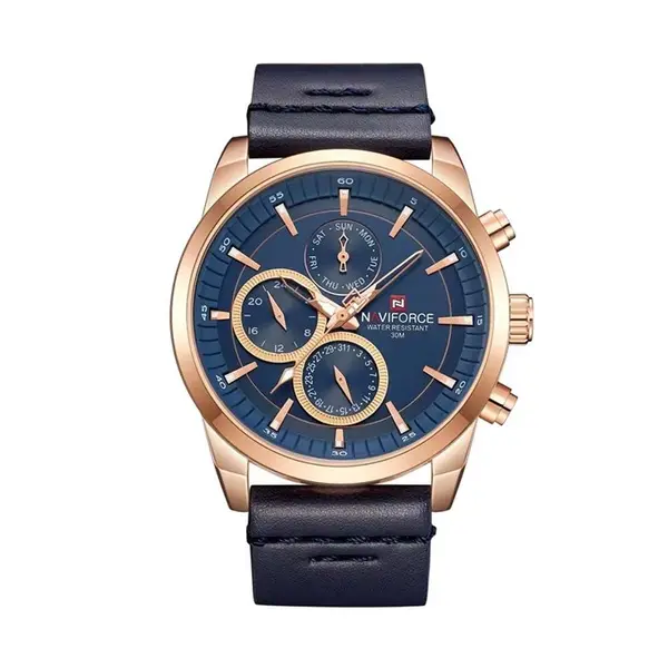 Naviforce NF9148 Custom Luxury Leather Strap Quartz Casual Men's Watch – Dial Color: Rose Gold, Strap Color: Blue – View 1